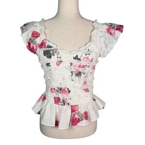 LoveShackFancy Compass Floral Smocked Peplum Top White Pink M Feminine Coquette